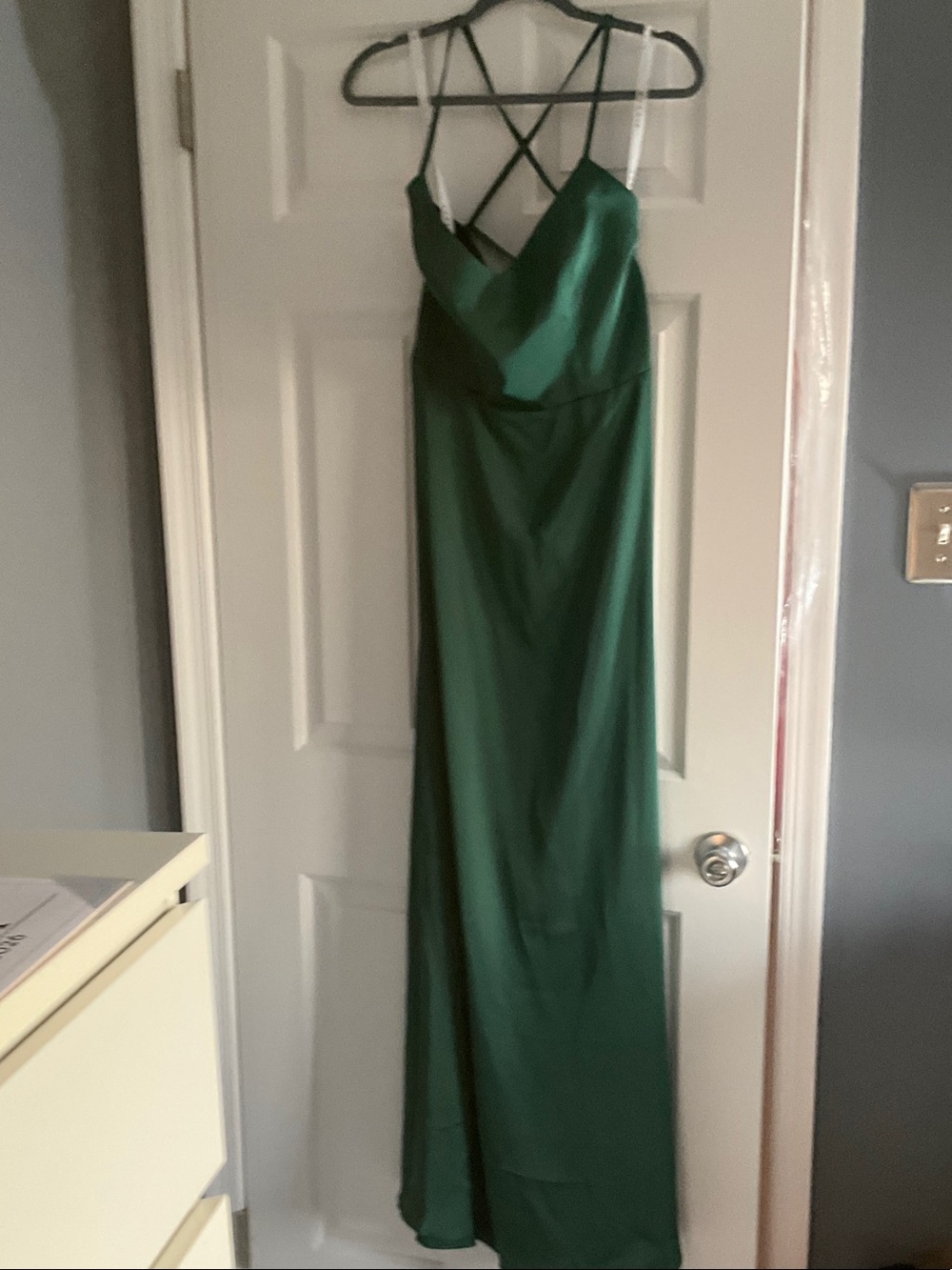 Azazie Emerald Green Satin Maxi Dress with Crisscross Back